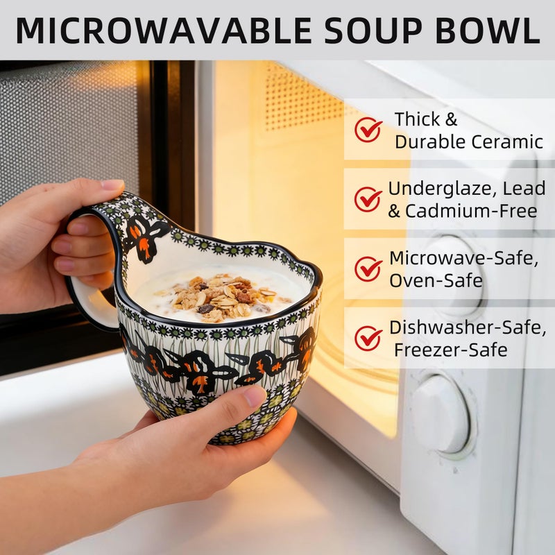 ALMA 2026 Updated Soup Bowls With Large Loop Handles, 18oz Handpainted Flower Soup Cups Microwave & Oven Safe, Decorative Ceramic Cereal Bowls For Soup,Fruits,Chili,Ice cream,Snack-Orange Irene Theme - Image 3