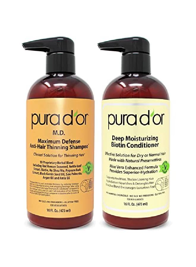 Pura d'or Md Antithinning Shampoo & Deep Moisturizing Conditioner Set (16Oz X 2) Biotin Coaltar 19+ Herbal Dht Blockers Reduce Hair Thinning And Healthy Scalp Men & Women (Packaging May Vary)  - Image 2