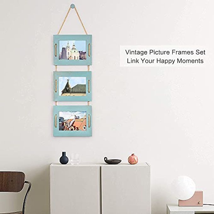 DLQuarts 5x7 Hanging Picture Frames Collage Wall Decor, 3-Opening Photo Frames 5x7 without Mat & 3.5x5 with Mat, Rustic Wood 3 Photo Frames, Ocean Blue - Image 2
