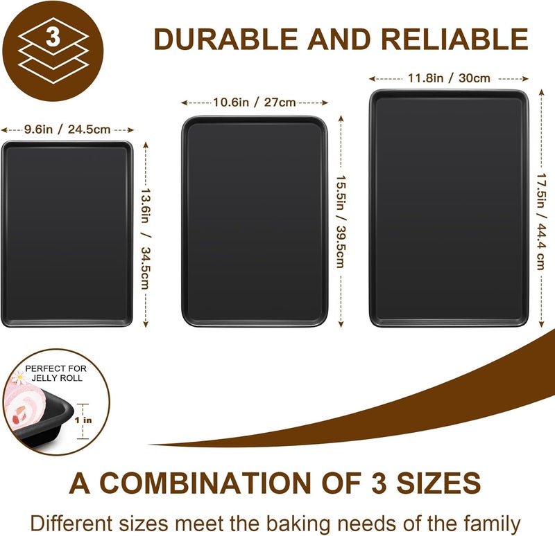 Deedro Baking Sheet Pan Set of 3, Commercial Cookie Sheets for Baking, Nonstick Half/Quarter/Jelly Roll Pans Replacement Toaster Oven Tray, Heavy Duty & Easy Clean, Dark Black - Image 3
