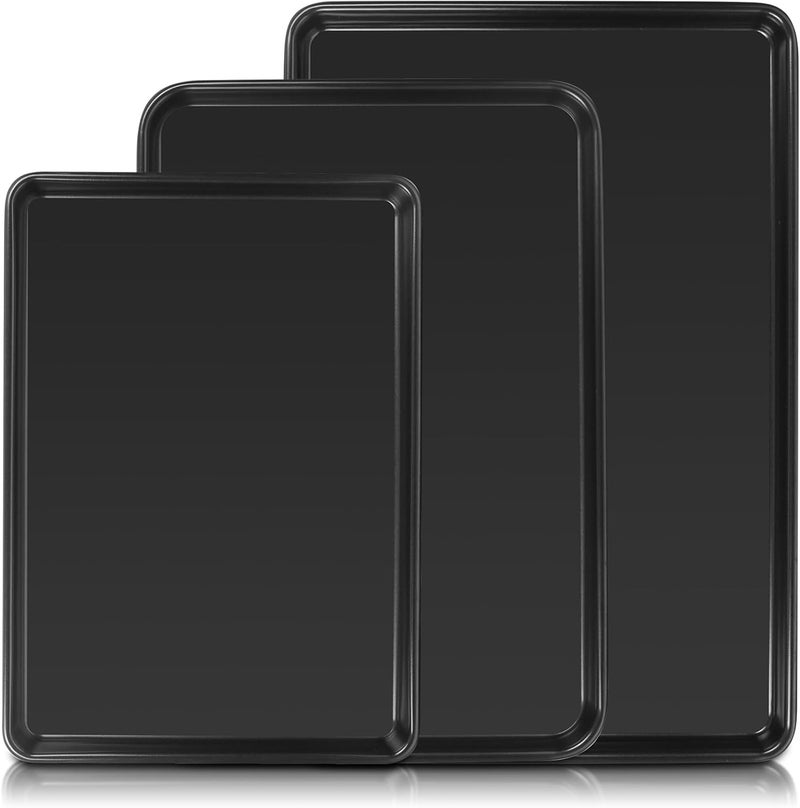 Deedro Baking Sheet Pan Set of 3, Commercial Cookie Sheets for Baking, Nonstick Half/Quarter/Jelly Roll Pans Replacement Toaster Oven Tray, Heavy Duty & Easy Clean, Dark Black - Image 1
