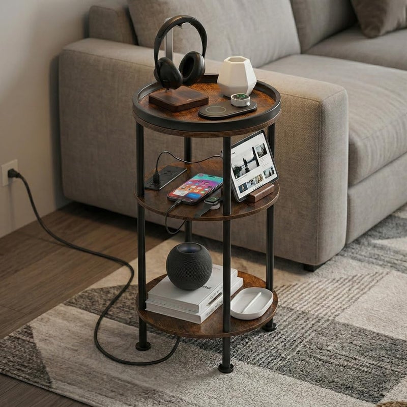 ZEXVIDA Small Round Side Table with Charging Station for Small Spaces, 3-Tier Round Accent Table with USB Ports & Power Outlets, Corner Table Sofa End Table for Living Room Bedroom (USB Charger, Rustic Brown) - Image 2