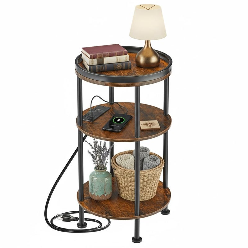 ZEXVIDA Small Round Side Table with Charging Station for Small Spaces, 3-Tier Round Accent Table with USB Ports & Power Outlets, Corner Table Sofa End Table for Living Room Bedroom (USB Charger, Rustic Brown) - Image 1