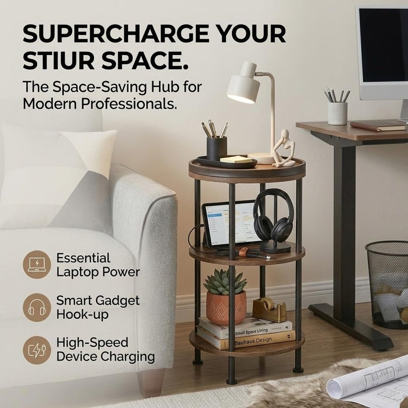 ZEXVIDA Small Round Side Table with Charging Station for Small Spaces, 3-Tier Round Accent Table with USB Ports & Power Outlets, Corner Table Sofa End Table for Living Room Bedroom (USB Charger, Rustic Brown) - Image 4