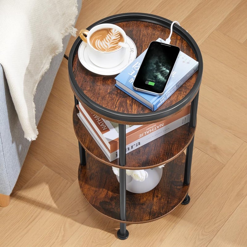 ZEXVIDA Small Round Side Table with Charging Station for Small Spaces, 3-Tier Round Accent Table with USB Ports & Power Outlets, Corner Table Sofa End Table for Living Room Bedroom (USB Charger, Rustic Brown) - Image 5