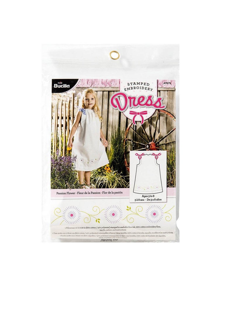 Bucilla Stamped Embroidery Pillowcase Dress Kit Size 3-8 Passion Flower - Image 1