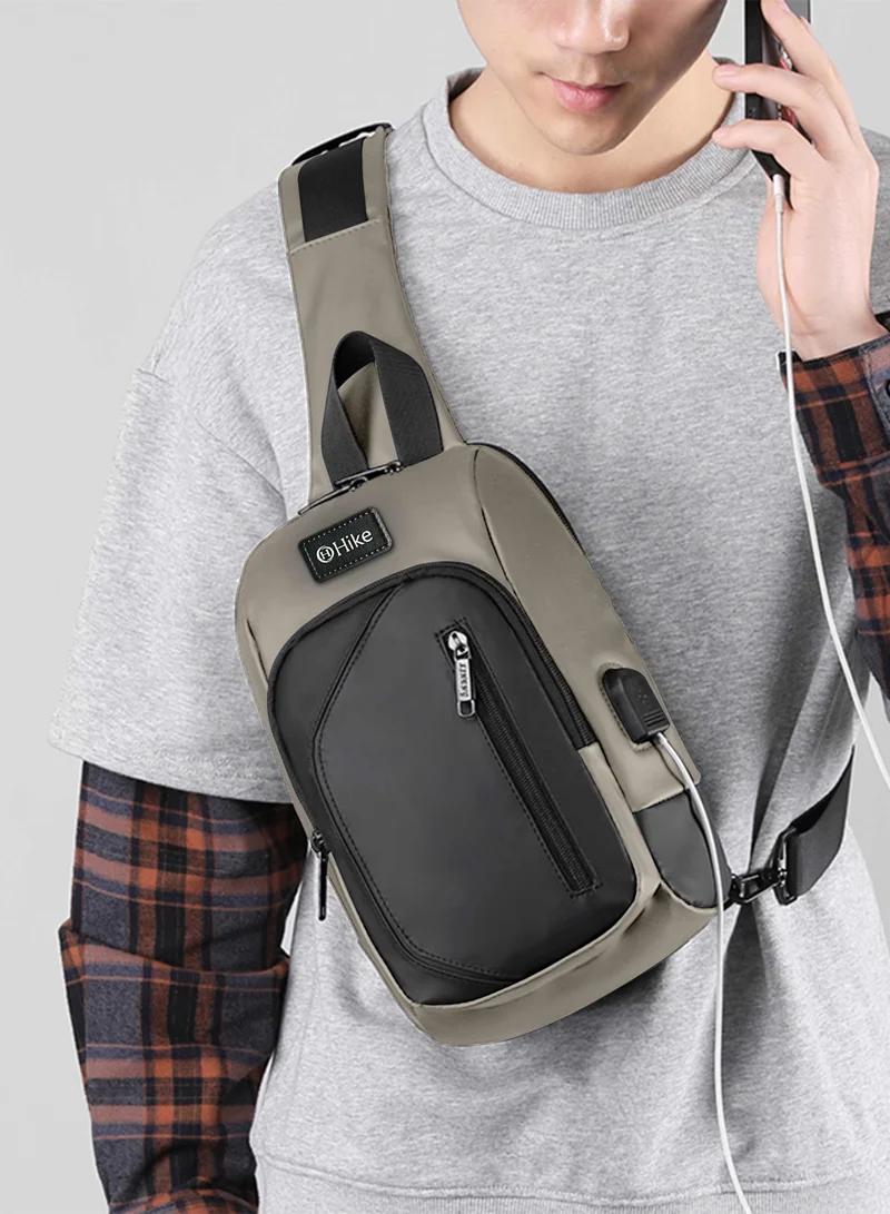 Hike Grey Crossbody Sling Bag Synthetic Water Resistant Unisex Small Shoulder Bag with Built in USB Port for Business Travel Outdoor Shopping, HK2032, Dark Grey  | Best Price UAE