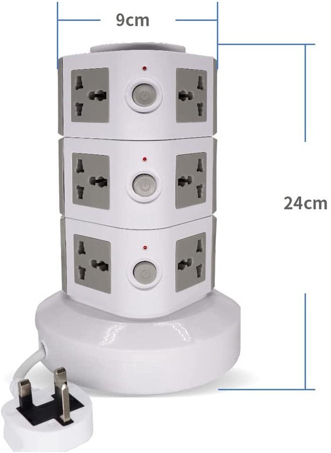 PADOM شريط طاقة عمودي عالمي من بادوم، متعدد المقابس (110 فولت - 250 فولت) مع منفذين USB، محطة شحن كهربائية، واقي من الصواعق، مناسب لأي بلد  - Image 2