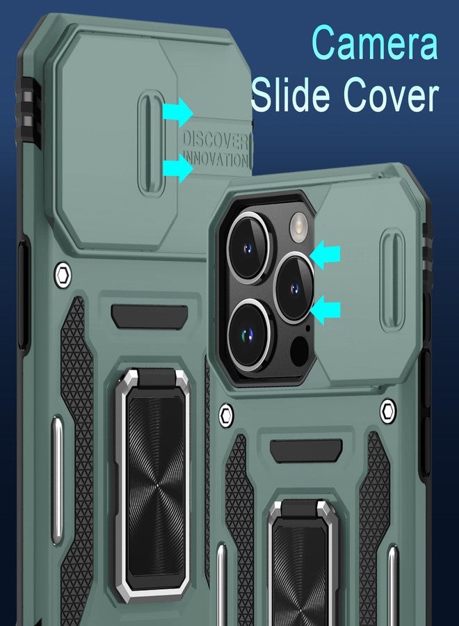 DEERLAMN Case for iPhone 15 Pro Max with Slide Camera Cover+Screen Protector(1 Pack), Rotated Ring Kickstand Military Grade Shockproof Protective Cover 6.7 Inch-Green - Image 3