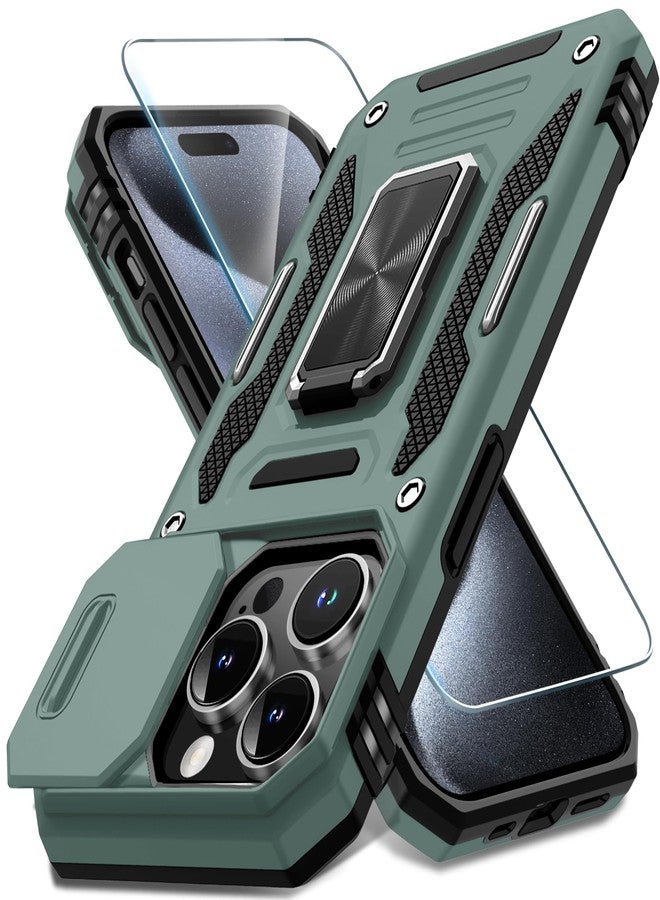 DEERLAMN Case for iPhone 15 Pro Max with Slide Camera Cover+Screen Protector(1 Pack), Rotated Ring Kickstand Military Grade Shockproof Protective Cover 6.7 Inch-Green - Image 1