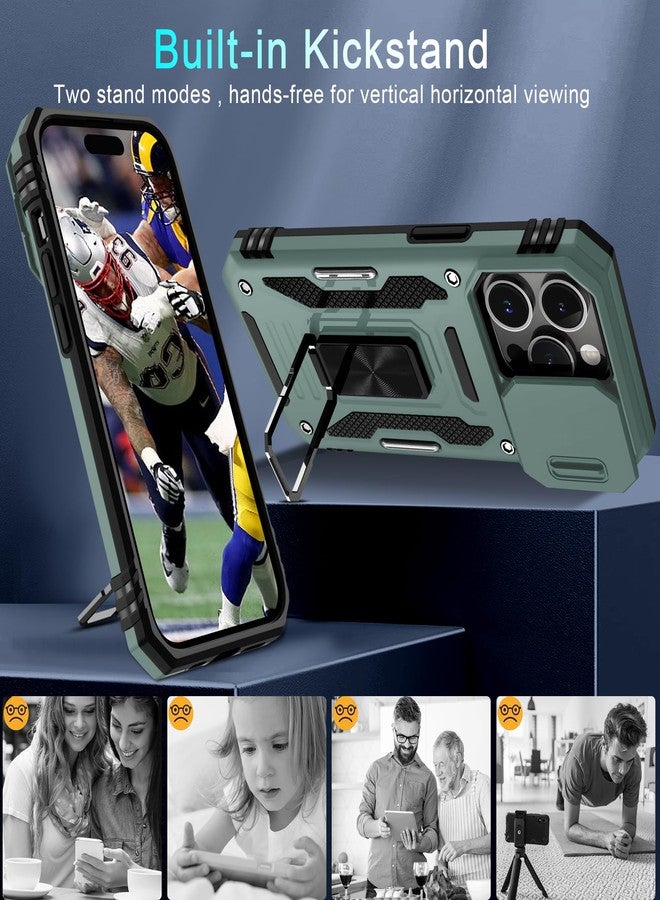 DEERLAMN Case for iPhone 15 Pro Max with Slide Camera Cover+Screen Protector(1 Pack), Rotated Ring Kickstand Military Grade Shockproof Protective Cover 6.7 Inch-Green - Image 5