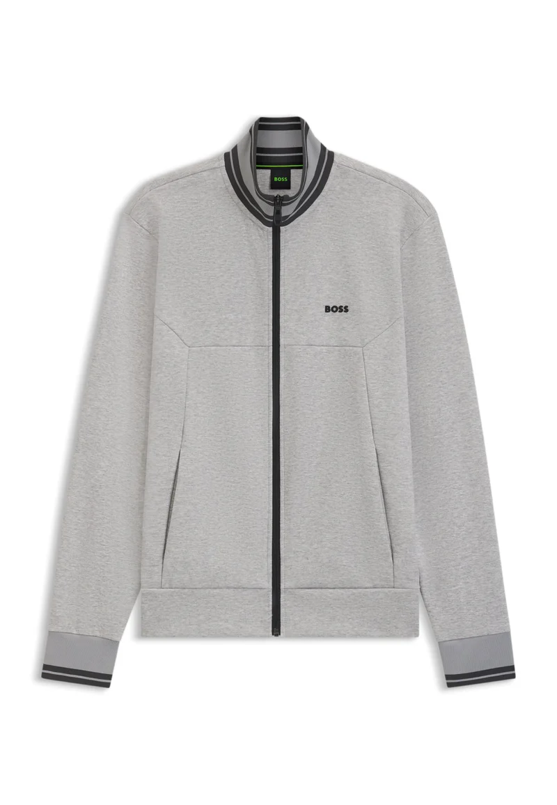 BOSS Cotton-blend zip-up sweatshirt with striped trims