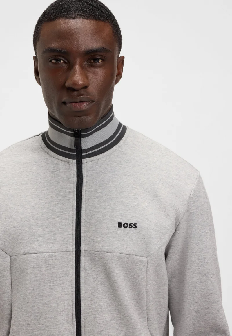 BOSS Cotton-blend zip-up sweatshirt with striped trims