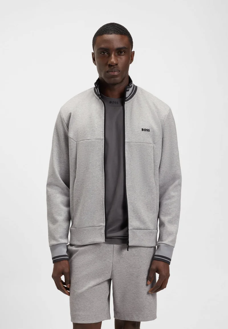 BOSS Cotton-blend zip-up sweatshirt with striped trims