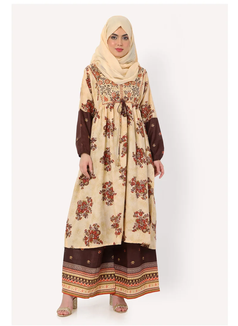 HANA & SARA MODEST FLORAL PRINTED WITH LONG SLEEVES AND UNIQUE THREAD BELT HIGH QUALITY STYLISH ARABIC KAFTAN JALABIYA DRESS