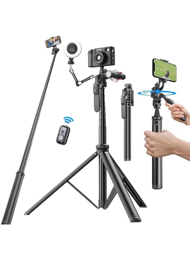 80" Phone Tripod & Selfie Stick – All-in-One Extendable Cell Phone Tripod with Remote & Cold Shoe Mount – 360° Rotating iPhone Stand for Video Recording, Vlogging & Photography - Image 1