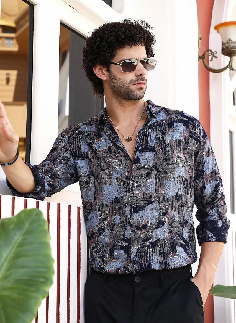 Campus Sutra Men's Onyx Black & Steel Blue Foil-Impressions Regular Shirt