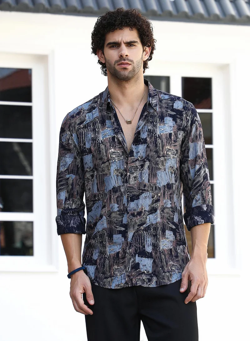 Campus Sutra Men's Onyx Black & Steel Blue Foil-Impressions Regular Shirt