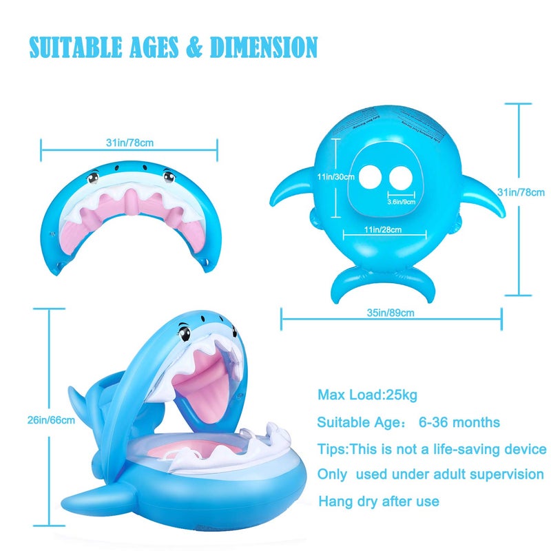Flyboo Baby Float Swimming Pool Toddler Floaties with Inflatable Canopy Shark Infant Pool Float for Kids Aged 36 Months - Image 4