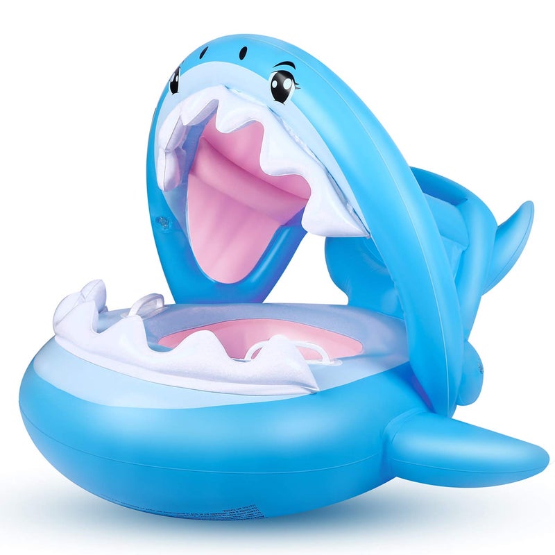 Flyboo Baby Float Swimming Pool Toddler Floaties with Inflatable Canopy Shark Infant Pool Float for Kids Aged 36 Months - Image 1