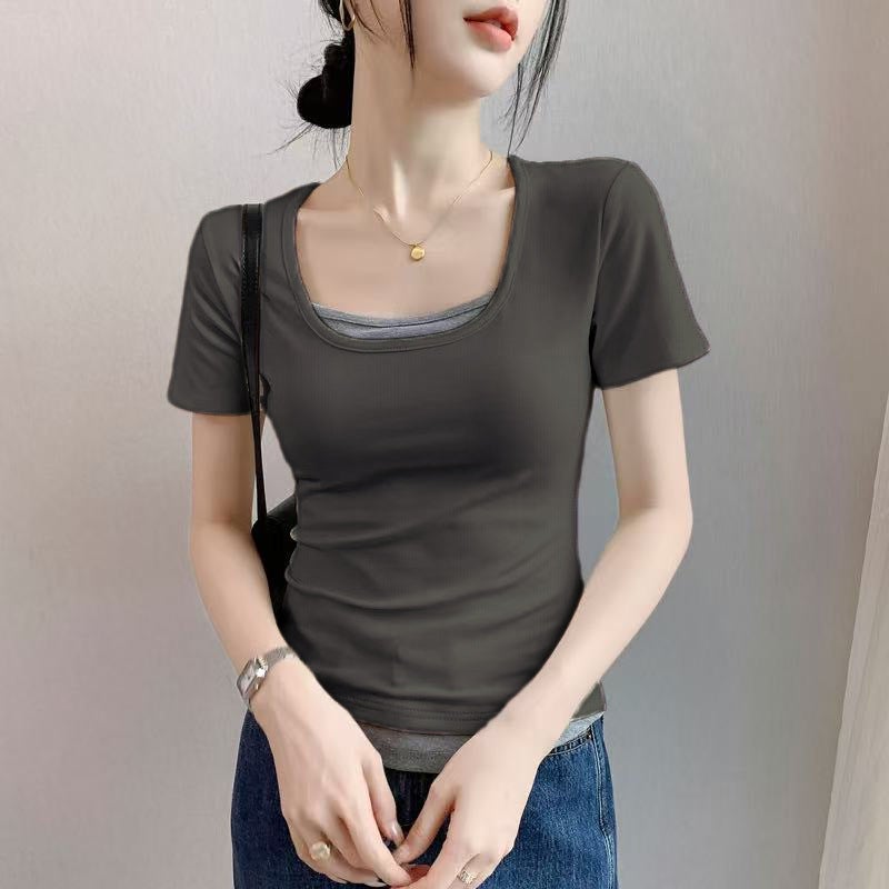 Gray Fake Two-Piece Short-Sleeved T-Shirt For Women 2025 U-Neck Pure Cotton T-Shirt Slim Contrasting Color Patchwork Waist Top - Image 1
