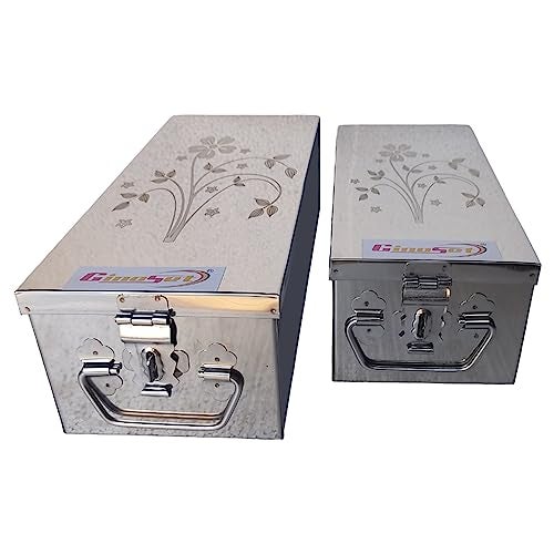 GinoSet® Stainless Steel Locker Boxes Jewellery Boxes Cash Peti Set (Multi_Pack of 2) Size - 8 Inch, 10 Inch With Laser Printed Design (Steel) - Image 4