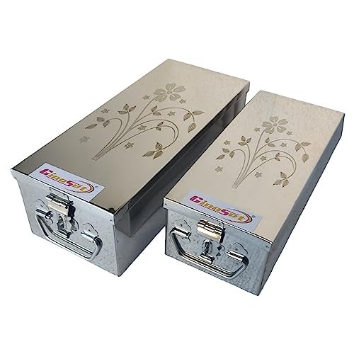 GinoSet® Stainless Steel Locker Boxes Jewellery Boxes Cash Peti Set (Multi_Pack of 2) Size - 8 Inch, 10 Inch With Laser Printed Design (Steel) - Image 3