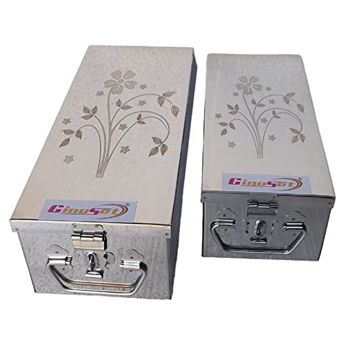 GinoSet® Stainless Steel Locker Boxes Jewellery Boxes Cash Peti Set (Multi_Pack of 2) Size - 8 Inch, 10 Inch With Laser Printed Design (Steel) - Image 1