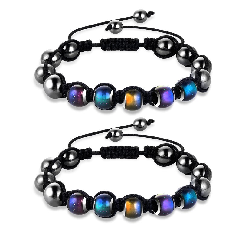 Yolev 2 Pieces Adjustable Mood Bracelet Dazzling Shimmer Color Changing Beads Yoga Beads Bracelet for Men Women - Image 1