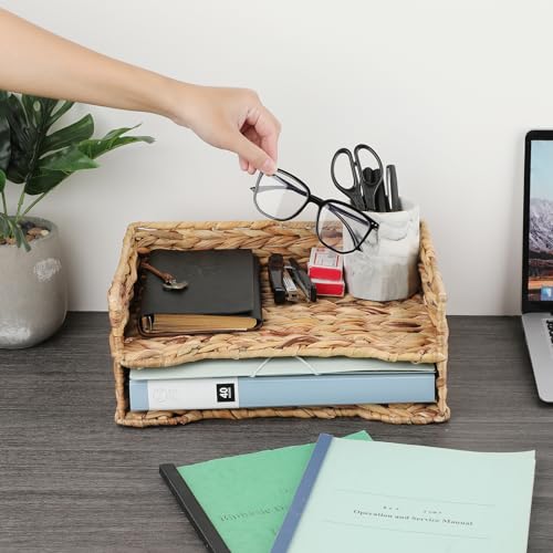 BTSKY 2 Tier Water Hyacinth Letter File Storage Basket, Woven Paper Organizer A4 File Tray Magazine Holder Woven Basket for Desk Document Office Paper Organizer and Storage - Image 5
