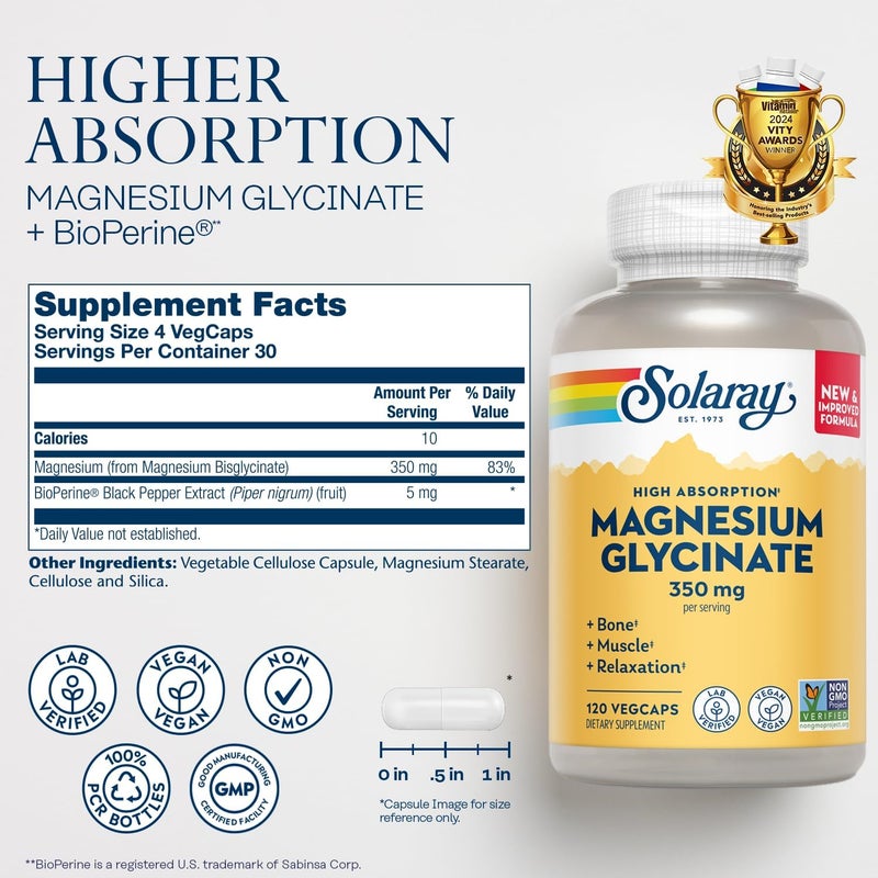 SOLARAY High Absorption Magnesium Glycinate, 350 mg, 120 VegCaps - Image 2