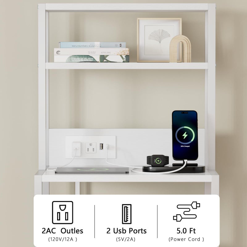 Furnulem Night Stand, White Bedside Nightstand with 4-Tier Shelves and 3 Fabric Drawers, LED Bed Side Tables with Charging Station, Tall Dresser for Bedroom, Hallway, Office - Image 4