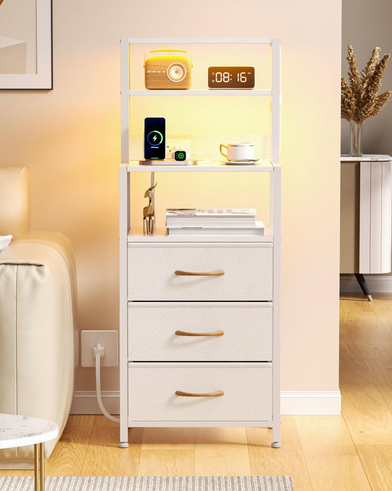Furnulem Night Stand, White Bedside Nightstand with 4-Tier Shelves and 3 Fabric Drawers, LED Bed Side Tables with Charging Station, Tall Dresser for Bedroom, Hallway, Office - Image 1