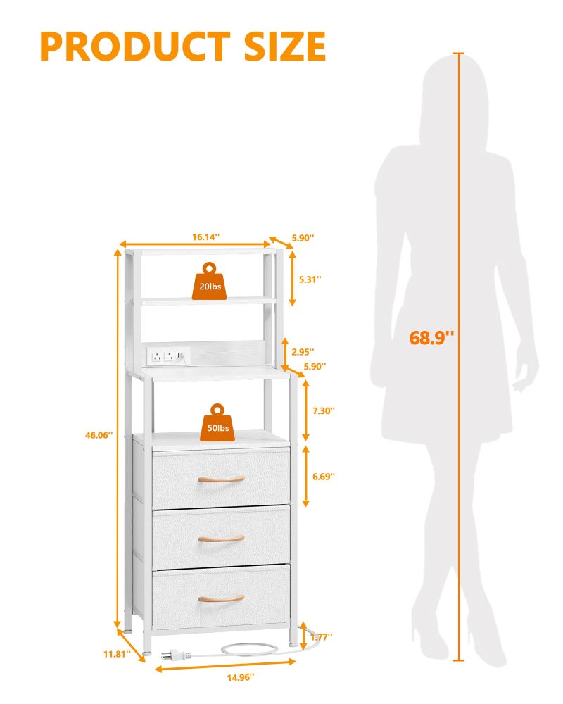 Furnulem Night Stand, White Bedside Nightstand with 4-Tier Shelves and 3 Fabric Drawers, LED Bed Side Tables with Charging Station, Tall Dresser for Bedroom, Hallway, Office - Image 2