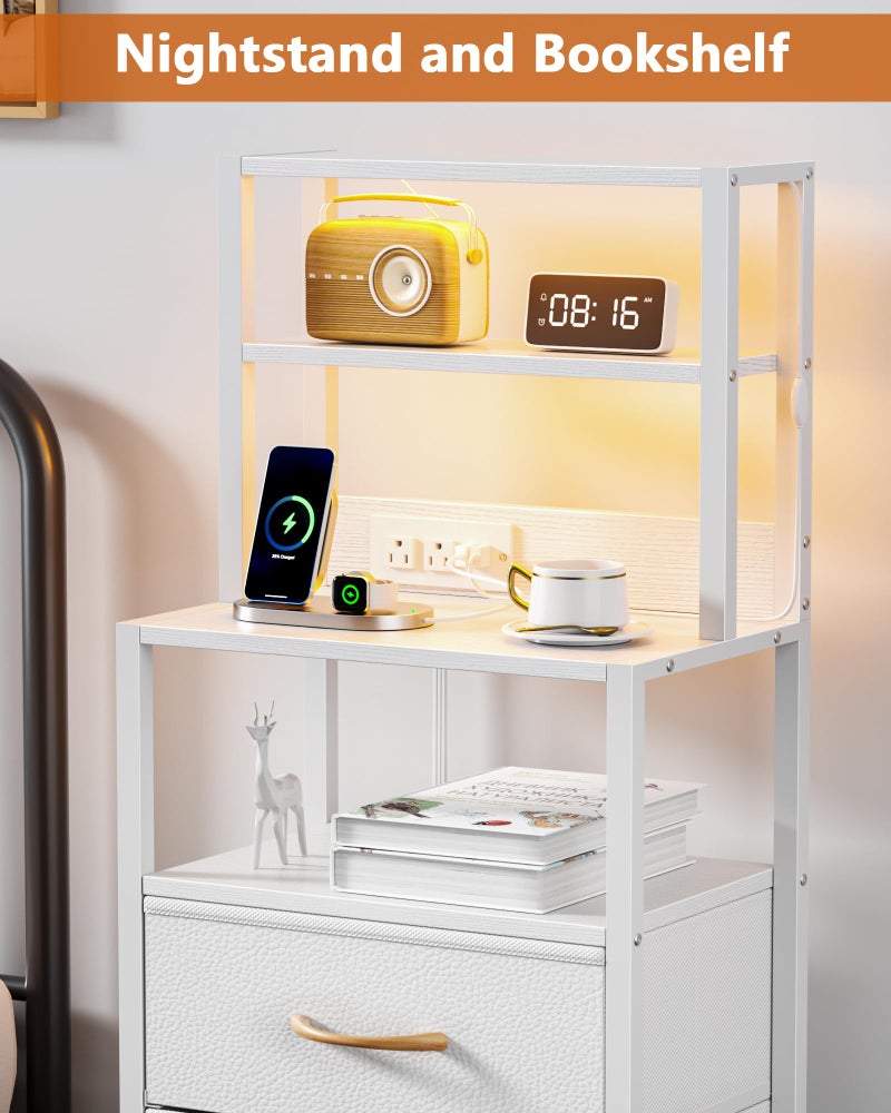 Furnulem Night Stand, White Bedside Nightstand with 4-Tier Shelves and 3 Fabric Drawers, LED Bed Side Tables with Charging Station, Tall Dresser for Bedroom, Hallway, Office - Image 3