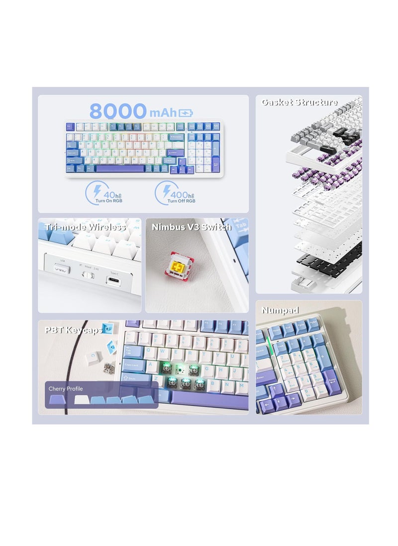 AULA F99 Wireless Mechanical Keyboard, Hot Swappable Gasket Custom Gaming Keyboard with Five-Layer Padding, Bluetooth/2.4GHz/USB-C, 8000mAh Battery (White Light Blue, Nimbus V3 Switch)