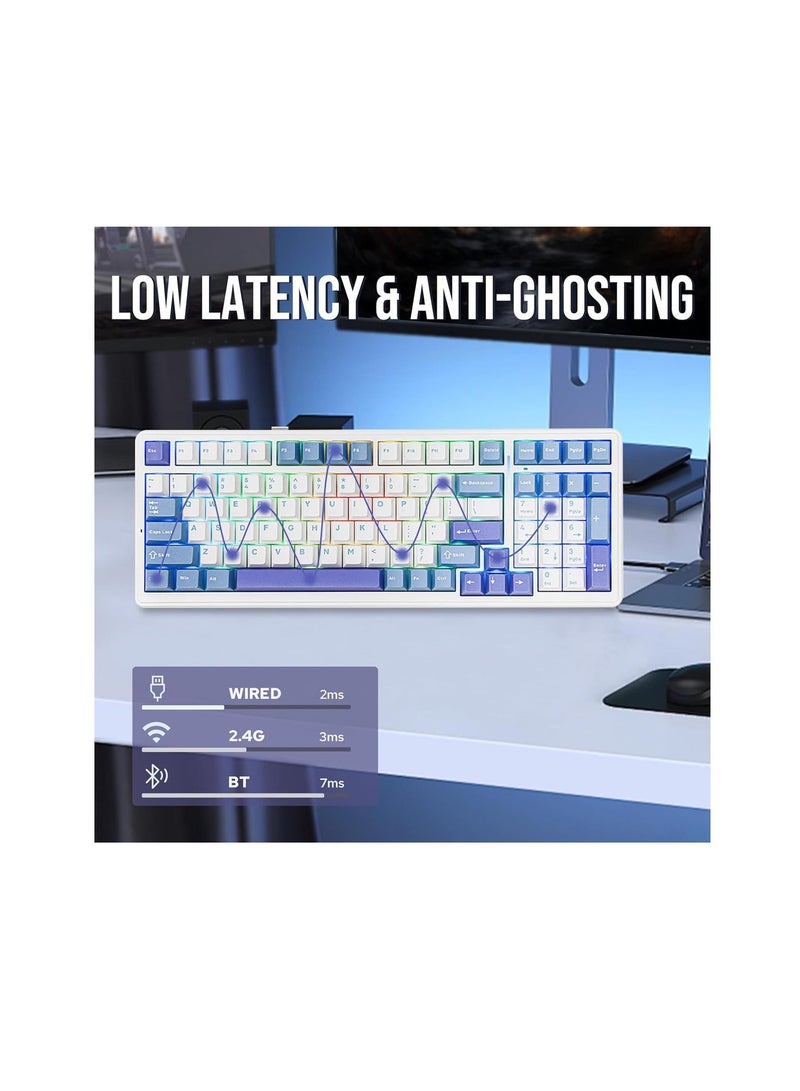أولا لوحة مفاتيح ميكانيكية لاسلكية AULA F99، لوحة مفاتيح ألعاب مخصصة قابلة للتبديل السريع مع حشوة من خمس طبقات، بلوتوث/2.4 جيجاهرتز/USB-C، بطارية 8000 مللي أمبير/ساعة (أبيض أزرق فاتح، مفتاح Nimbus V3) - Image 3