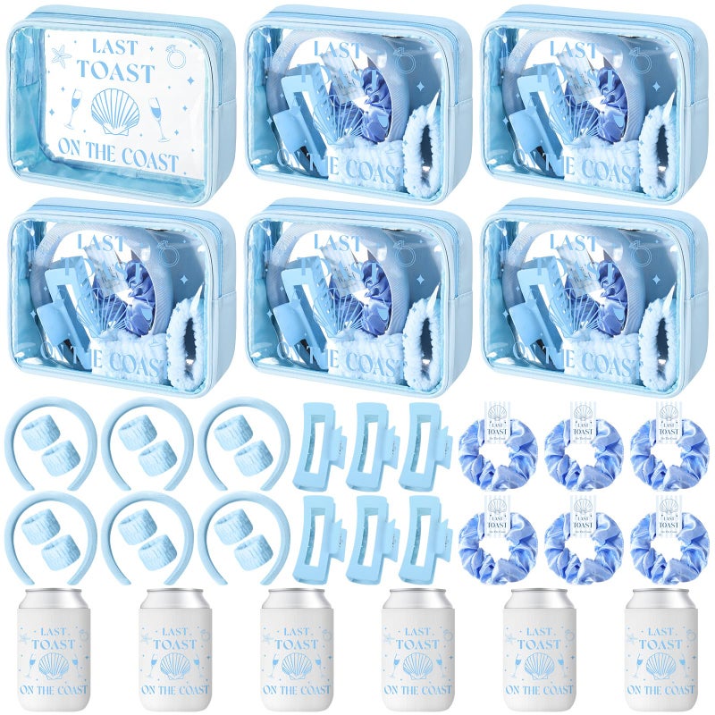 Meanplan 6 Pack Last Toast on the Coast Bachelorette Party Favors Blue Coastal Bridesmaid Proposal Gifts Makeup Bag Claw Clip Wristband Scrunchies Hairband Can Sleeve Bridal Show Wedding Gifts - Image 1