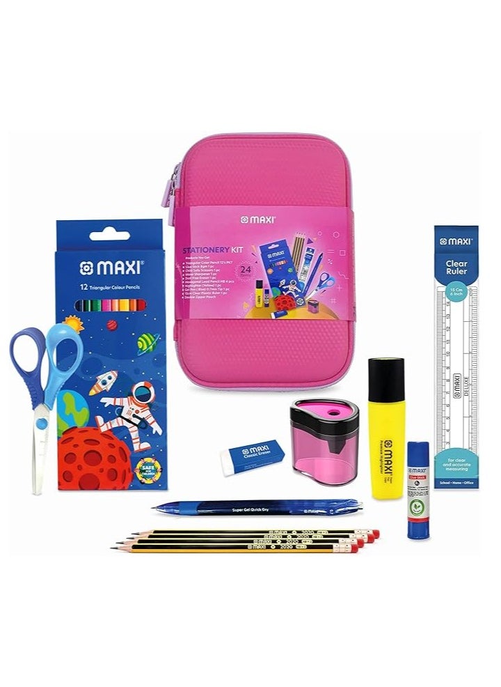 Maxi - Double Zipper EVA Pencil Case Pink, Product Included- Graphite pencil HB 4pcs + Color Pencil 12 Colour +Child Safe Scissors+Highlighter+Glue Stick 8gm+Eraser Big + Sharpener - Image 1