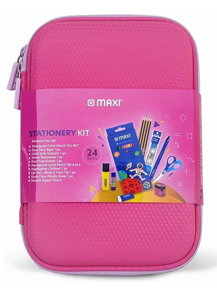 Maxi - Double Zipper EVA Pencil Case Pink, Product Included- Graphite pencil HB 4pcs + Color Pencil 12 Colour +Child Safe Scissors+Highlighter+Glue Stick 8gm+Eraser Big + Sharpener - Image 1