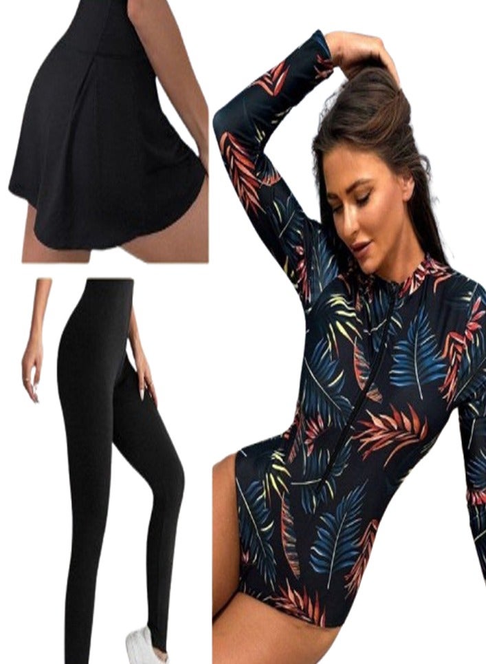 Women's Feather Burkini Swimsuit - Black 