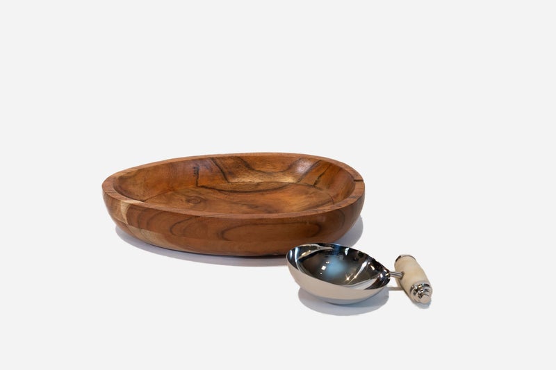 Perenne Design Wooden Boat-Shaped Serving Platter with Steel Dip Bowl and Marble Handle - Image 3