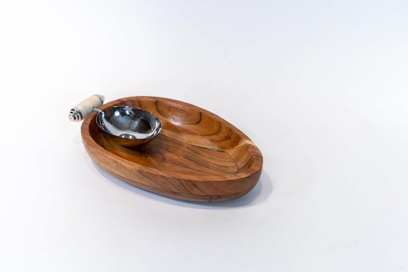 Perenne Design Wooden Boat-Shaped Serving Platter with Steel Dip Bowl and Marble Handle - Image 2