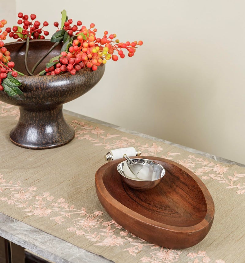 Perenne Design Wooden Boat-Shaped Serving Platter with Steel Dip Bowl and Marble Handle - Image 1