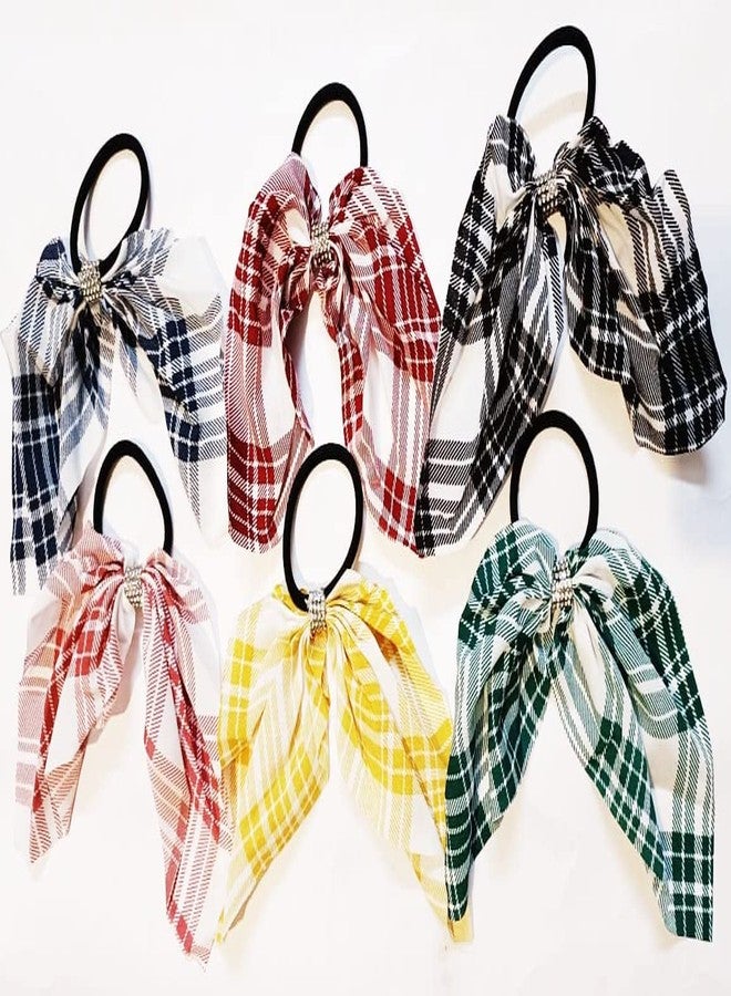 IBDA 06 PIECES Satin Silky Checkered Scarf Knot Hairband for women stylish Scrunchies, Crystal Hair Tie Elastic, Multicolor Ponytail Holder - Image 2