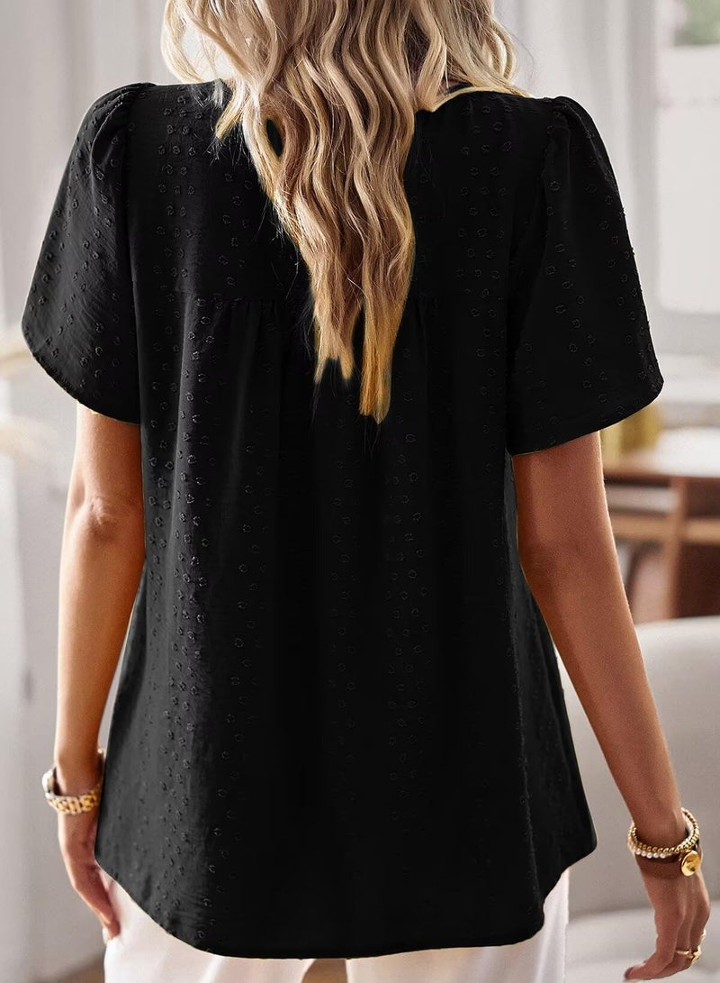 Falechay Plus Size Tops for Women Keyhole Button with Elastic Loop Dressy Casual Crewneck Flowy Blouses Summer Boho Shirts Black 2XL - Image 3