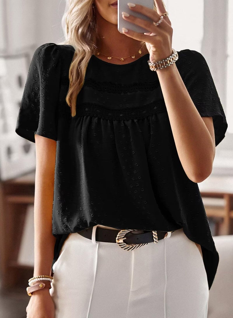 Falechay Plus Size Tops for Women Keyhole Button with Elastic Loop Dressy Casual Crewneck Flowy Blouses Summer Boho Shirts Black 2XL - Image 4
