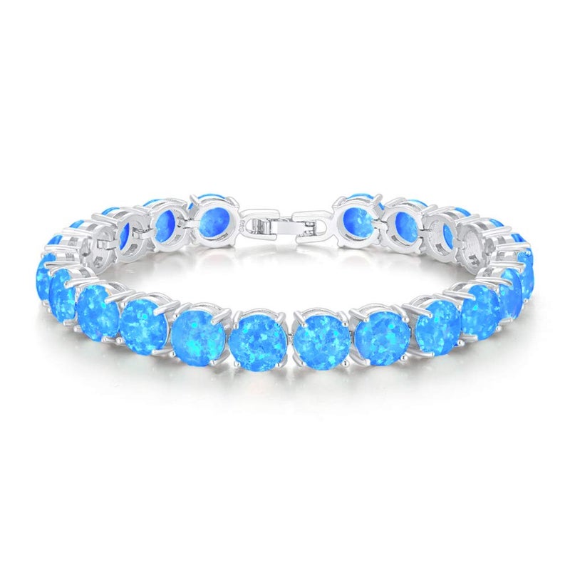 CiNily Created Blue Fire Opal Rhodium Plated for Women Jewelry Gems Round Bracelet 8.12'' - Image 1