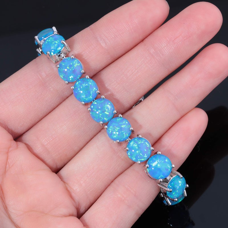 CiNily Created Blue Fire Opal Rhodium Plated for Women Jewelry Gems Round Bracelet 8.12'' - Image 5
