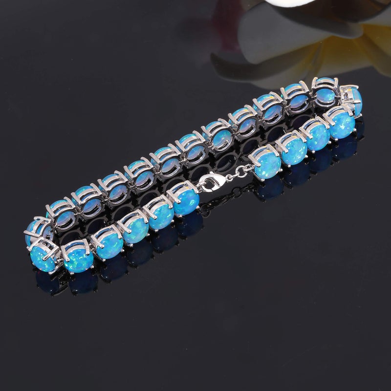 CiNily Created Blue Fire Opal Rhodium Plated for Women Jewelry Gems Round Bracelet 8.12'' - Image 3